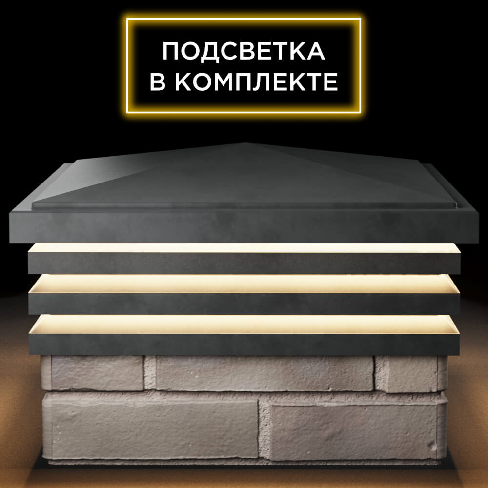 Колпак Zking Бона ХайТек Серый на столб 1.5х1.5 кирпича (385х385мм) с подсветкой Солнечногорск фото